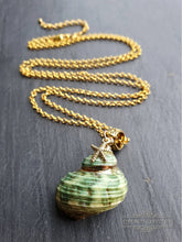 Load image into Gallery viewer, Seashell Necklace with Sea-Star Charm - Polished Green-Ridged Turban Shell - Gold Electroplated Detail - Symbolises Renewal and Regeneration