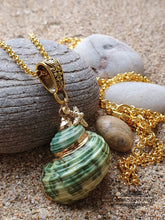 Load image into Gallery viewer, Seashell Necklace with Sea-Star Charm - Polished Green-Ridged Turban Shell - Gold Electroplated Detail - Symbolises Renewal and Regeneration