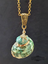 Load image into Gallery viewer, Seashell Necklace with Sea-Star Charm - Polished Green-Ridged Turban Shell - Gold Electroplated Detail - Symbolises Renewal and Regeneration