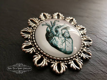 Load image into Gallery viewer, Anatomical Heart Pin Brooch - Vintage Illustration - Glass Photo Cabochon - Antiqued Silvertone Base - 4cm x 4cm (1.57 Inch Diameter)