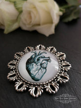 Load image into Gallery viewer, Anatomical Heart Pin Brooch - Vintage Illustration - Glass Photo Cabochon - Antiqued Silvertone Base - 4cm x 4cm (1.57 Inch Diameter)