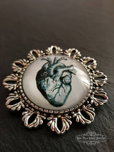 Load image into Gallery viewer, Anatomical Heart Pin Brooch - Vintage Illustration - Glass Photo Cabochon - Antiqued Silvertone Base - 4cm x 4cm (1.57 Inch Diameter)