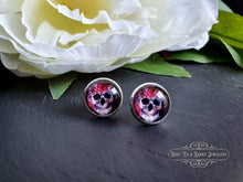 Load image into Gallery viewer, Stud Earrings, Flower Crown Skull, Glass Cabochon, 12mm Diameter, Silver Plated, Sterling Silver Butterfly Closure, Halloween, Gift