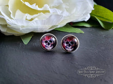 Load image into Gallery viewer, Stud Earrings, Flower Crown Skull, Glass Cabochon, 12mm Diameter, Silver Plated, Sterling Silver Butterfly Closure, Halloween, Gift