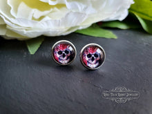 Load image into Gallery viewer, Stud Earrings, Flower Crown Skull, Glass Cabochon, 12mm Diameter, Silver Plated, Sterling Silver Butterfly Closure, Halloween, Gift