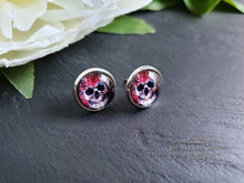 Load image into Gallery viewer, Stud Earrings, Flower Crown Skull, Glass Cabochon, 12mm Diameter, Silver Plated, Sterling Silver Butterfly Closure, Halloween, Gift