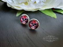 Load image into Gallery viewer, Stud Earrings, Flower Crown Skull, Glass Cabochon, 12mm Diameter, Silver Plated, Sterling Silver Butterfly Closure, Halloween, Gift