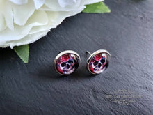 Load image into Gallery viewer, Stud Earrings, Flower Crown Skull, Glass Cabochon, 12mm Diameter, Silver Plated, Sterling Silver Butterfly Closure, Halloween, Gift
