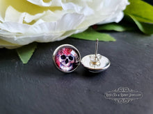 Load image into Gallery viewer, Stud Earrings, Flower Crown Skull, Glass Cabochon, 12mm Diameter, Silver Plated, Sterling Silver Butterfly Closure, Halloween, Gift