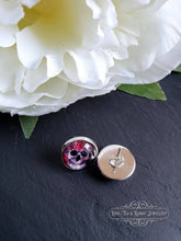 Load image into Gallery viewer, Stud Earrings, Flower Crown Skull, Glass Cabochon, 12mm Diameter, Silver Plated, Sterling Silver Butterfly Closure, Halloween, Gift
