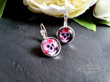 Load image into Gallery viewer, S925 Sterling Silver Drop Earrings, Flower Crown Skull, Glass Cabochon, 12mm Diameter, Handmade Jewellery, Alt Fashion, Halloween, Gift