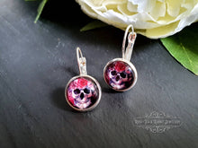 Load image into Gallery viewer, S925 Sterling Silver Drop Earrings, Flower Crown Skull, Glass Cabochon, 12mm Diameter, Handmade Jewellery, Alt Fashion, Halloween, Gift