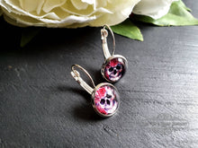 Load image into Gallery viewer, S925 Sterling Silver Drop Earrings, Flower Crown Skull, Glass Cabochon, 12mm Diameter, Handmade Jewellery, Alt Fashion, Halloween, Gift