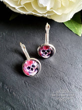 Load image into Gallery viewer, S925 Sterling Silver Drop Earrings, Flower Crown Skull, Glass Cabochon, 12mm Diameter, Handmade Jewellery, Alt Fashion, Halloween, Gift
