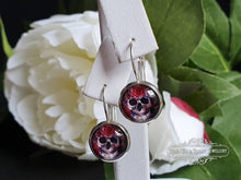 Load image into Gallery viewer, S925 Sterling Silver Drop Earrings, Flower Crown Skull, Glass Cabochon, 12mm Diameter, Handmade Jewellery, Alt Fashion, Halloween, Gift
