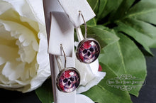 Load image into Gallery viewer, S925 Sterling Silver Drop Earrings, Flower Crown Skull, Glass Cabochon, 12mm Diameter, Handmade Jewellery, Alt Fashion, Halloween, Gift