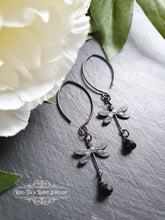 Load image into Gallery viewer, Delicate Dragonfly Charm Earrings, Black Faceted Crystal Detail, Drop Style, Blackened Brass, Meaningful Gift Symbolises Transformation, Self-Realization, Adaptability