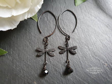 Load image into Gallery viewer, Delicate Dragonfly Charm Earrings, Black Faceted Crystal Detail, Drop Style, Blackened Brass, Meaningful Gift Symbolises Transformation, Self-Realization, Adaptability