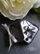 Load image into Gallery viewer, Delicate Dragonfly Charm Earrings, Black Faceted Crystal Detail, Drop Style, Blackened Brass, Meaningful Gift Symbolises Transformation, Self-Realization, Adaptability