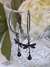 Load image into Gallery viewer, Delicate Dragonfly Charm Earrings, Black Faceted Crystal Detail, Drop Style, Blackened Brass, Meaningful Gift Symbolises Transformation, Self-Realization, Adaptability