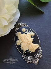 Load image into Gallery viewer, Fairy, Cameo Pin Brooch, Antiqued Silvertone Base, Modern-Vintage Design, 5.9x3.2cm/2.32x1.25 Inches, Elegant, Art Deco, Art Nouveau Style
