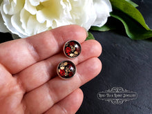 Load image into Gallery viewer, Skulls & Red Roses, Stud Earrings, Silver Plated, 12mm/1.2cm (0.47 Inches)