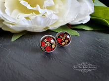 Load image into Gallery viewer, Skulls & Red Roses, Stud Earrings, Silver Plated, 12mm/1.2cm (0.47 Inches)