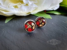 Load image into Gallery viewer, Skulls & Red Roses, Stud Earrings, Silver Plated, 12mm/1.2cm (0.47 Inches)