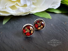 Load image into Gallery viewer, Skulls & Red Roses, Stud Earrings, Silver Plated, 12mm/1.2cm (0.47 Inches)