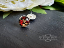 Load image into Gallery viewer, Skulls & Red Roses, Stud Earrings, Silver Plated, 12mm/1.2cm (0.47 Inches)