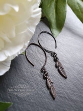 Load image into Gallery viewer, Drop/Dangle Black Feather Earrings - Double Polished Blackened Brass - Alt Jewellery - Retro Vintage Style - Feather Symbol - 5.7cm / 2.24''