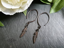 Load image into Gallery viewer, Drop/Dangle Black Feather Earrings - Double Polished Blackened Brass - Alt Jewellery - Retro Vintage Style - Feather Symbol - 5.7cm / 2.24''