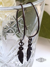 Load image into Gallery viewer, Drop/Dangle Black Feather Earrings - Double Polished Blackened Brass - Alt Jewellery - Retro Vintage Style - Feather Symbol - 5.7cm / 2.24''