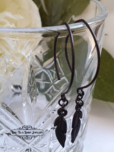 Load image into Gallery viewer, Drop/Dangle Black Feather Earrings - Double Polished Blackened Brass - Alt Jewellery - Retro Vintage Style - Feather Symbol - 5.7cm / 2.24''