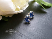 Load image into Gallery viewer, Blue and White China Pattern Inspired Cabochon Earring Studs - 12mm Diameter - Silver Plated Base - Lead/Nickle Free - Pretty and Dainty