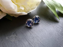 Load image into Gallery viewer, Blue and White China Pattern Inspired Cabochon Earring Studs - 12mm Diameter - Silver Plated Base - Lead/Nickle Free - Pretty and Dainty