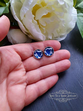 Load image into Gallery viewer, Blue and White China Pattern Inspired Cabochon Earring Studs - 12mm Diameter - Silver Plated Base - Lead/Nickle Free - Pretty and Dainty