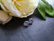 Load image into Gallery viewer, Blue and White China Pattern Inspired Cabochon Earring Studs - 12mm Diameter - Silver Plated Base - Lead/Nickle Free - Pretty and Dainty