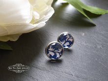 Load image into Gallery viewer, Blue and White China Pattern Inspired Cabochon Earring Studs - 12mm Diameter - Silver Plated Base - Lead/Nickle Free - Pretty and Dainty