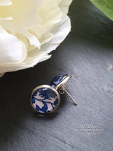 Load image into Gallery viewer, Blue and White China Pattern Inspired Cabochon Earring Studs - 12mm Diameter - Silver Plated Base - Lead/Nickle Free - Pretty and Dainty