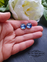 Load image into Gallery viewer, Blue and White China Pattern Inspired Cabochon Earring Studs - 12mm Diameter - Silver Plated Base - Lead/Nickle Free - Pretty and Dainty