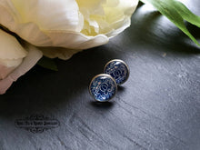 Load image into Gallery viewer, Blue and White China Pattern Inspired Cabochon Earring Studs - 12mm Diameter - Silver Plated Base - Lead/Nickle Free - Pretty and Dainty