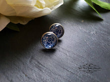 Load image into Gallery viewer, Blue and White China Pattern Inspired Cabochon Earring Studs - 12mm Diameter - Silver Plated Base - Lead/Nickle Free - Pretty and Dainty