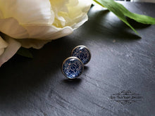 Load image into Gallery viewer, Blue and White China Pattern Inspired Cabochon Earring Studs - 12mm Diameter - Silver Plated Base - Lead/Nickle Free - Pretty and Dainty