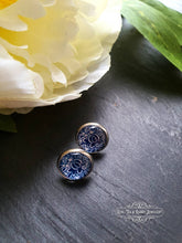 Load image into Gallery viewer, Blue and White China Pattern Inspired Cabochon Earring Studs - 12mm Diameter - Silver Plated Base - Lead/Nickle Free - Pretty and Dainty