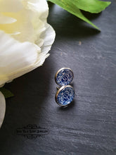 Load image into Gallery viewer, Blue and White China Pattern Inspired Cabochon Earring Studs - 12mm Diameter - Silver Plated Base - Lead/Nickle Free - Pretty and Dainty