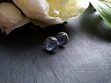 Load image into Gallery viewer, Blue and White China Pattern Inspired Cabochon Earring Studs - 12mm Diameter - Silver Plated Base - Lead/Nickle Free - Pretty and Dainty