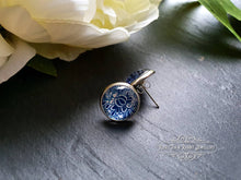 Load image into Gallery viewer, Blue and White China Pattern Inspired Cabochon Earring Studs - 12mm Diameter - Silver Plated Base - Lead/Nickle Free - Pretty and Dainty
