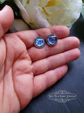 Load image into Gallery viewer, Blue and White China Pattern Inspired Cabochon Earring Studs - 12mm Diameter - Silver Plated Base - Lead/Nickle Free - Pretty and Dainty