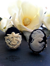 Load image into Gallery viewer, Dragonfly w/Waterlily Cameo Ring, Ivory Tone on Black, Gunmetal/Goldtone/Silvertone/Antiqued Bronze Adjustable Filigree Ring Base Options